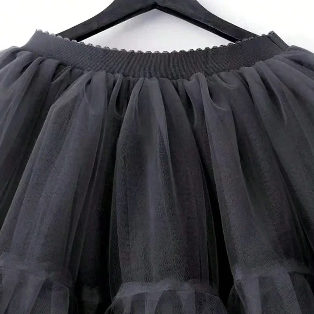 Black Preppy Womens Solid Mesh Overlay Ruffle Hem Skirt - Picture 5 of 5